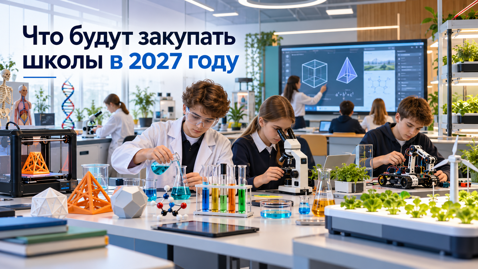 Оснащение школы: лабораторные занятия, микроскопия, робототехника и выращивание растений
